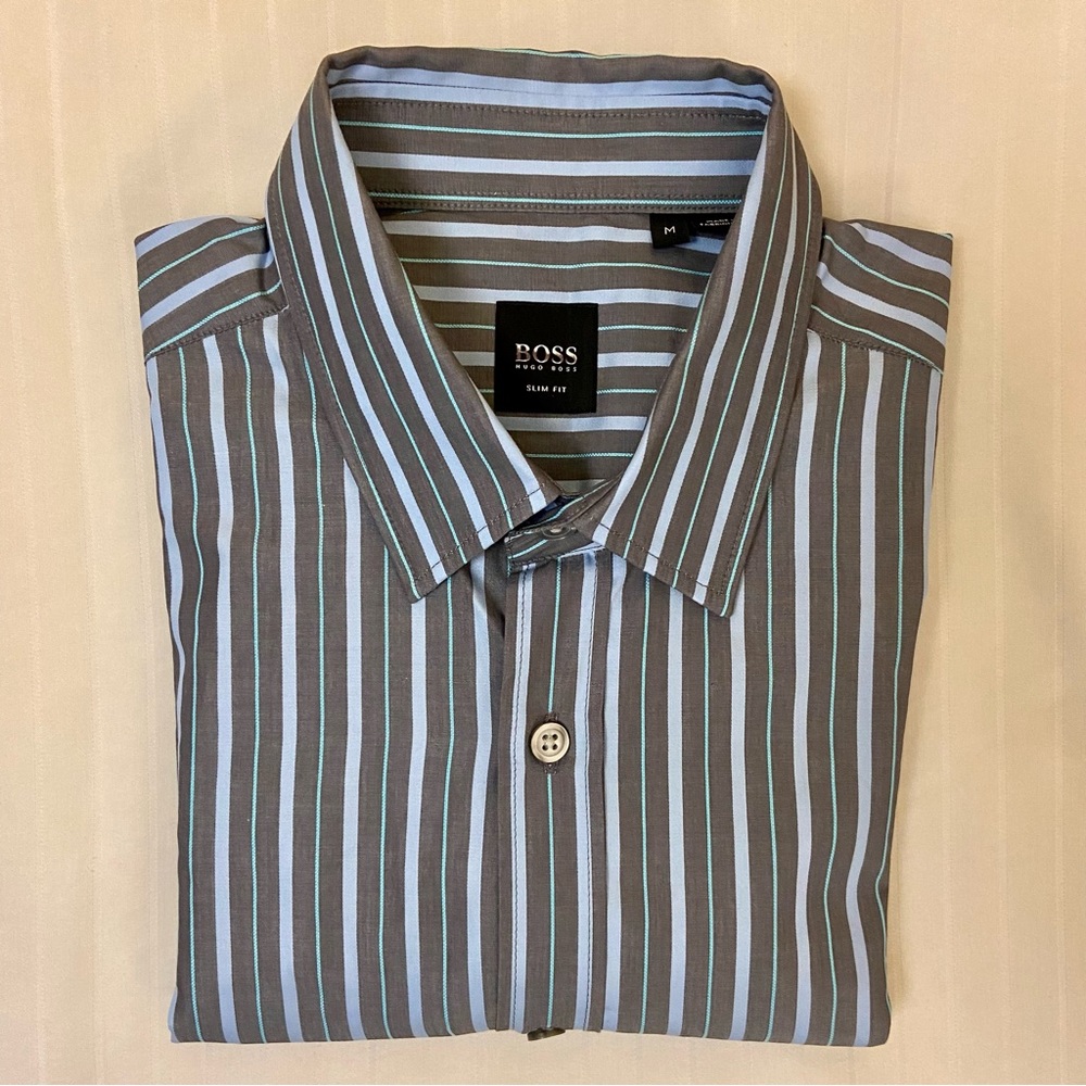 HUGO BOSS slim fit long-sleeve gray/blue/teal striped collared dress shirt sz M - Picture 10 of 11